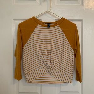 Gold and White stripe quarter sleeve crop t shirt